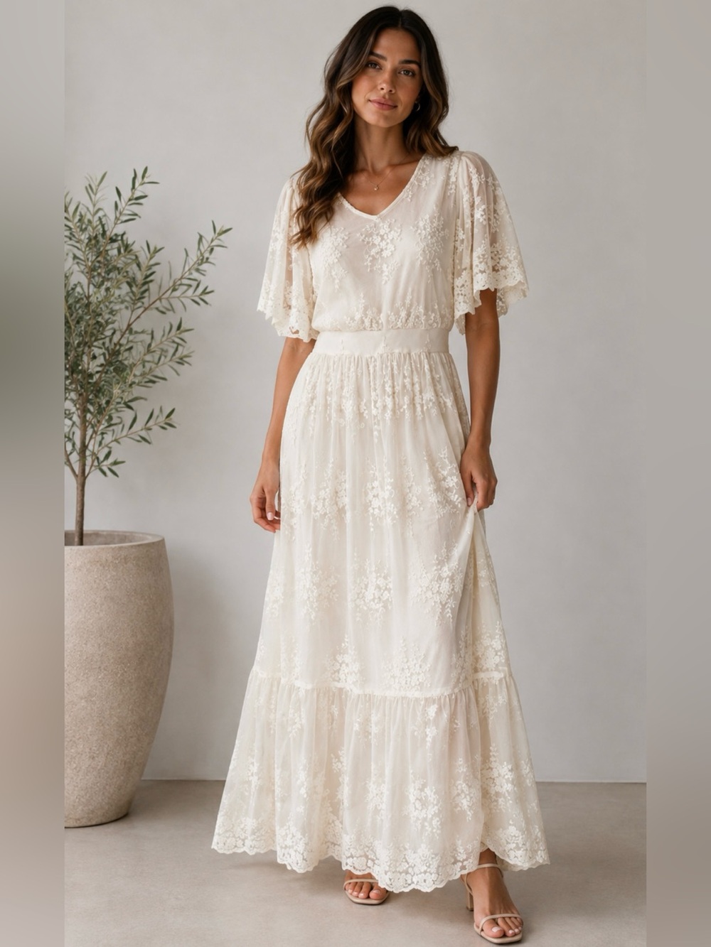 Böhme Cream Ivory Lace Tiered Maxi Dress with Flutter Sleeves, Sz S